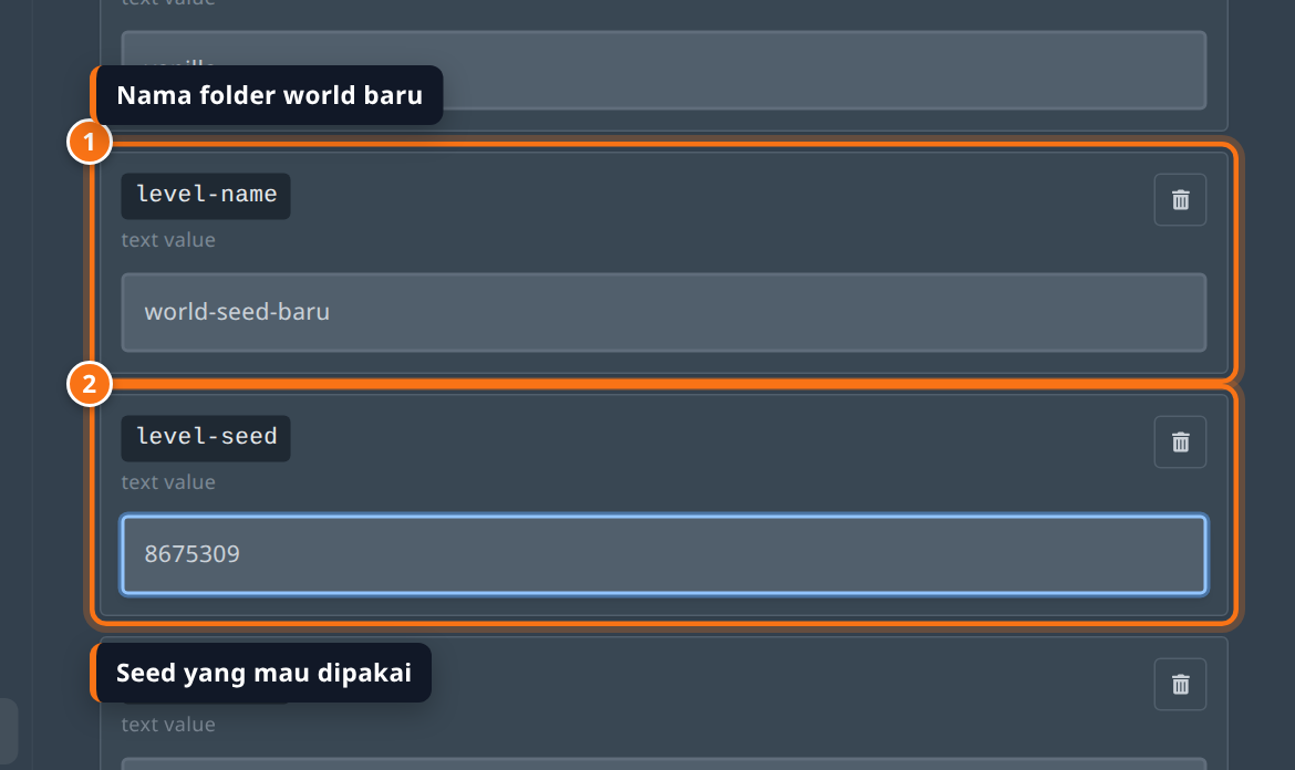 Kartu level-name dan level-seed di tab Properties diisi world-seed-baru dan 8675309