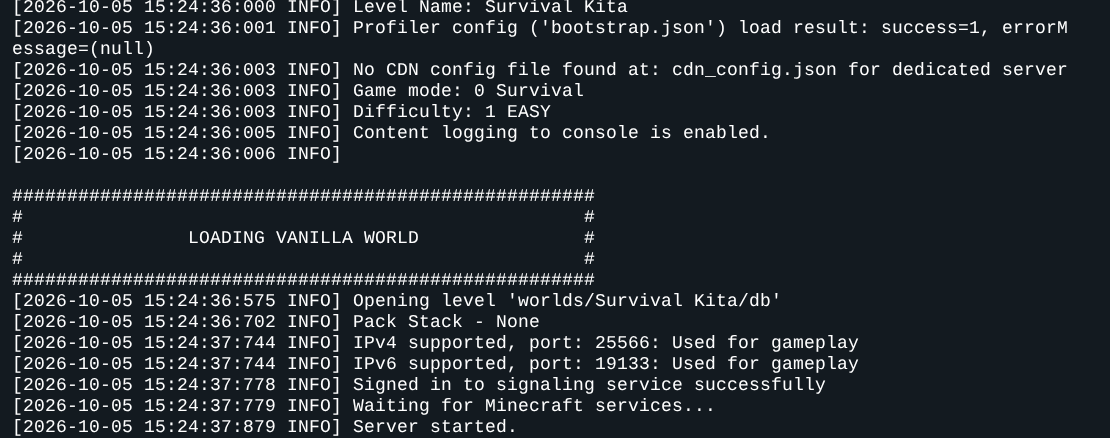 Console server Bedrock menampilkan Level Name Survival Kita, Opening level worlds/Survival Kita/db, dan Server started