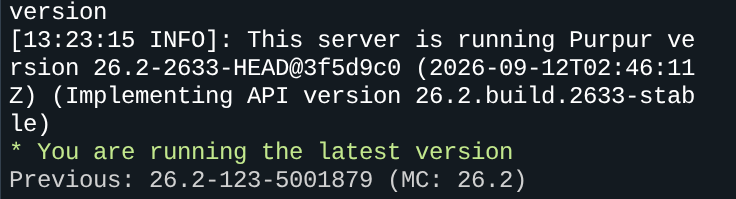 Hasil perintah version di Console: This server is running Purpur version 26.2