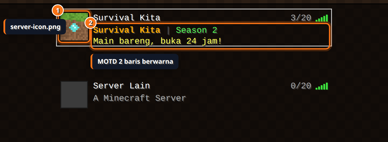 Daftar multiplayer Minecraft menampilkan server dengan icon blok tanah dan MOTD dua baris berwarna emas, hijau, dan kuning