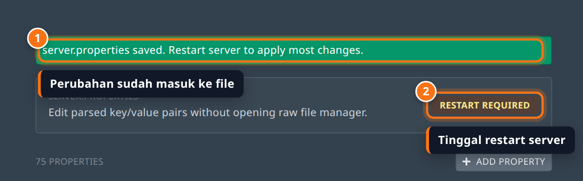Pesan hijau server.properties saved di tab Properties beserta badge Restart required