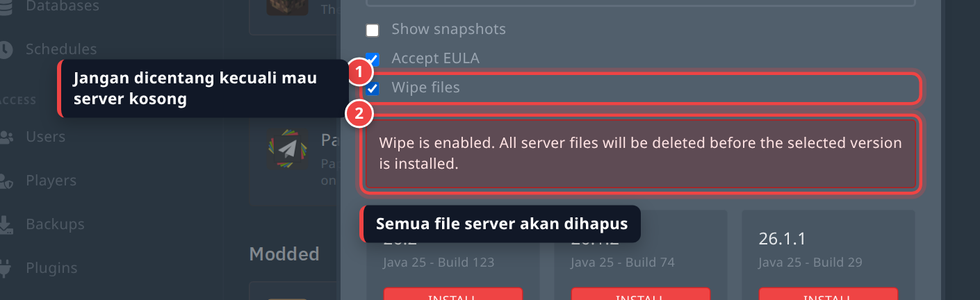 Peringatan merah saat opsi Wipe files diaktifkan