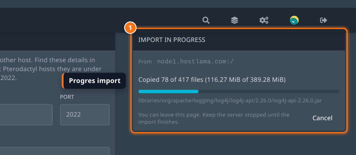 Kotak Import in progress dengan progres Copied 78 of 417 files dan tombol Cancel