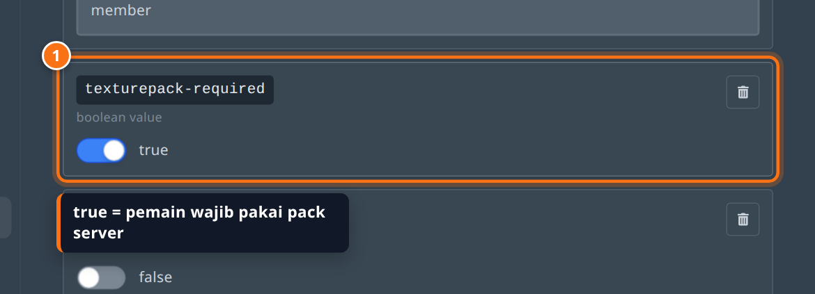 Property texturepack-required di tab Properties digeser ke true