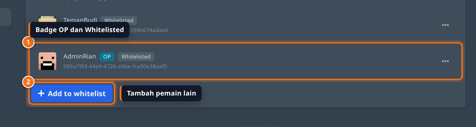 Daftar Whitelisted berisi dua pemain dengan badge Whitelisted dan OP