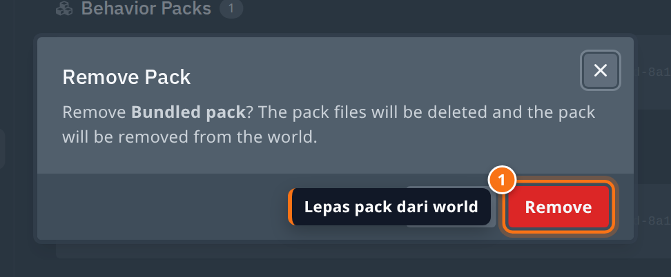 Dialog Remove Pack dengan tombol Remove