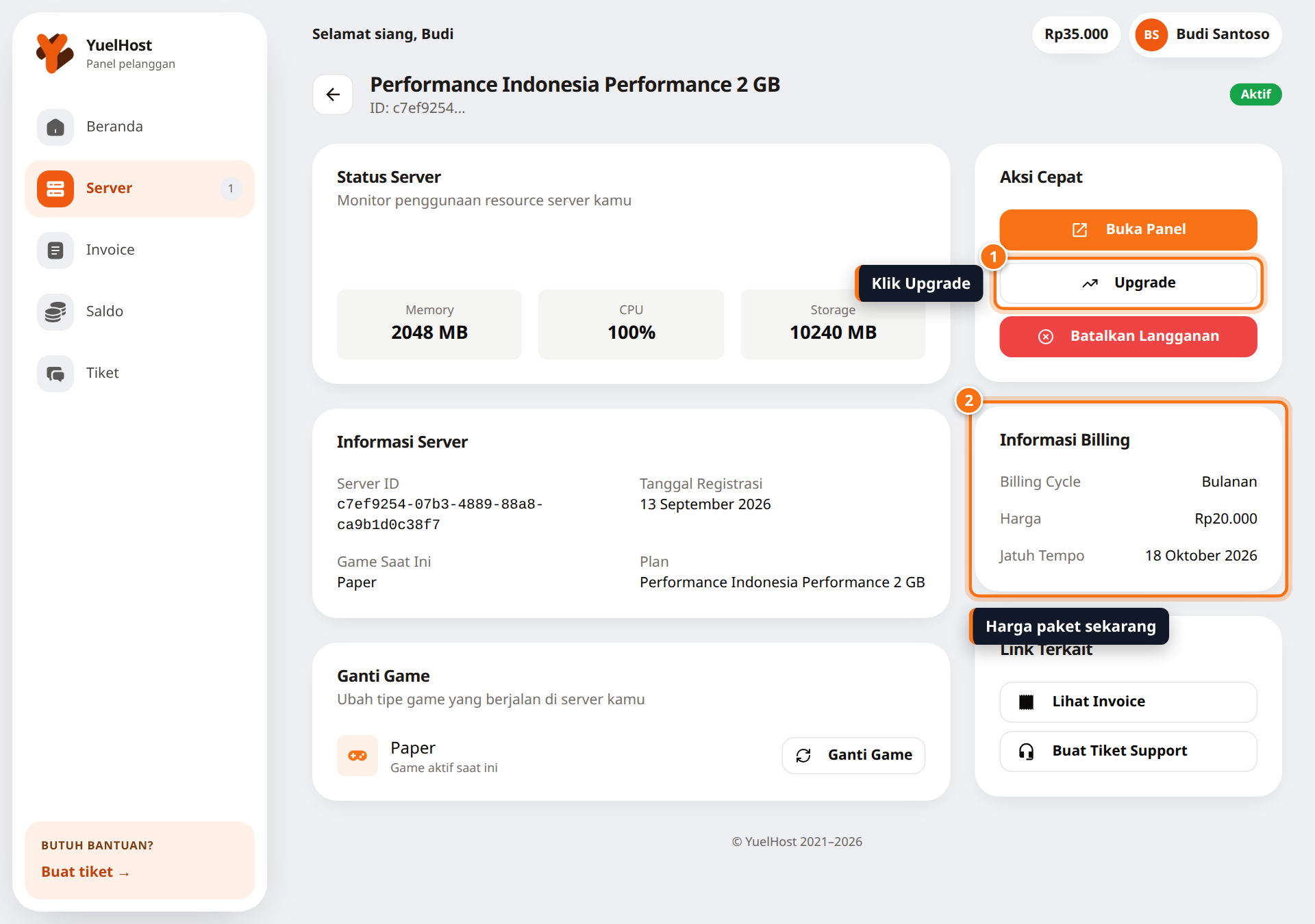 Halaman detail server dengan tombol Upgrade dan kotak Informasi Billing disorot