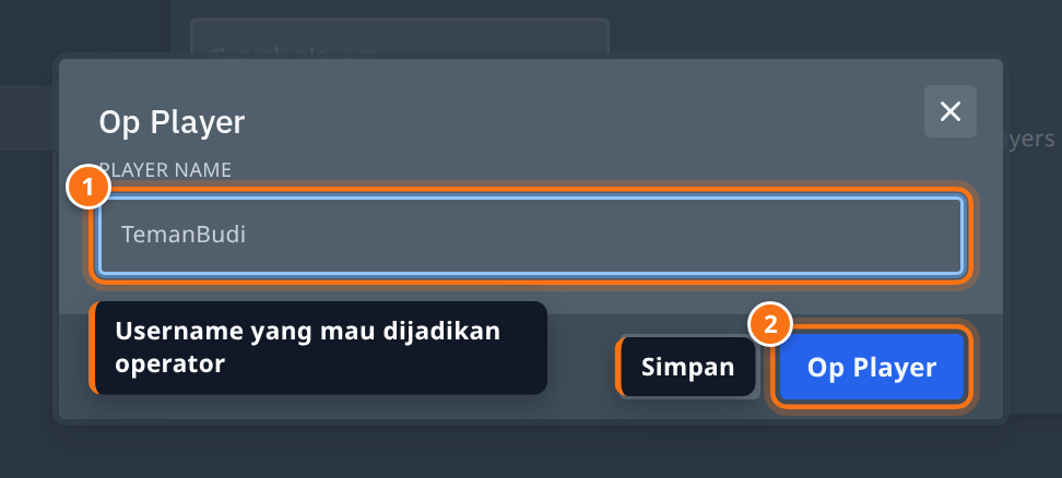 Jendela Op Player dengan kolom Player name terisi username