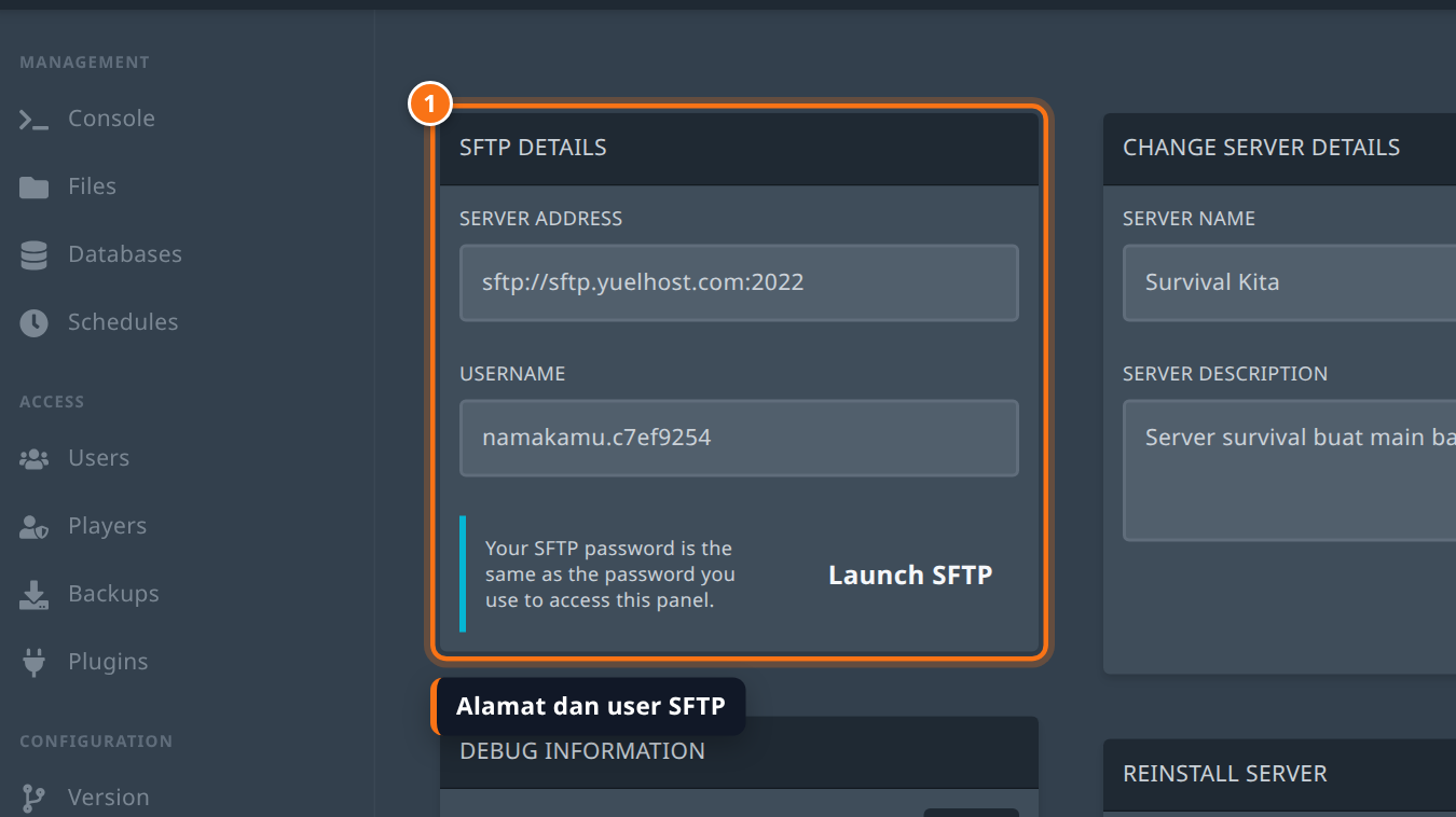 Kotak SFTP Details di tab Settings berisi server address dan username