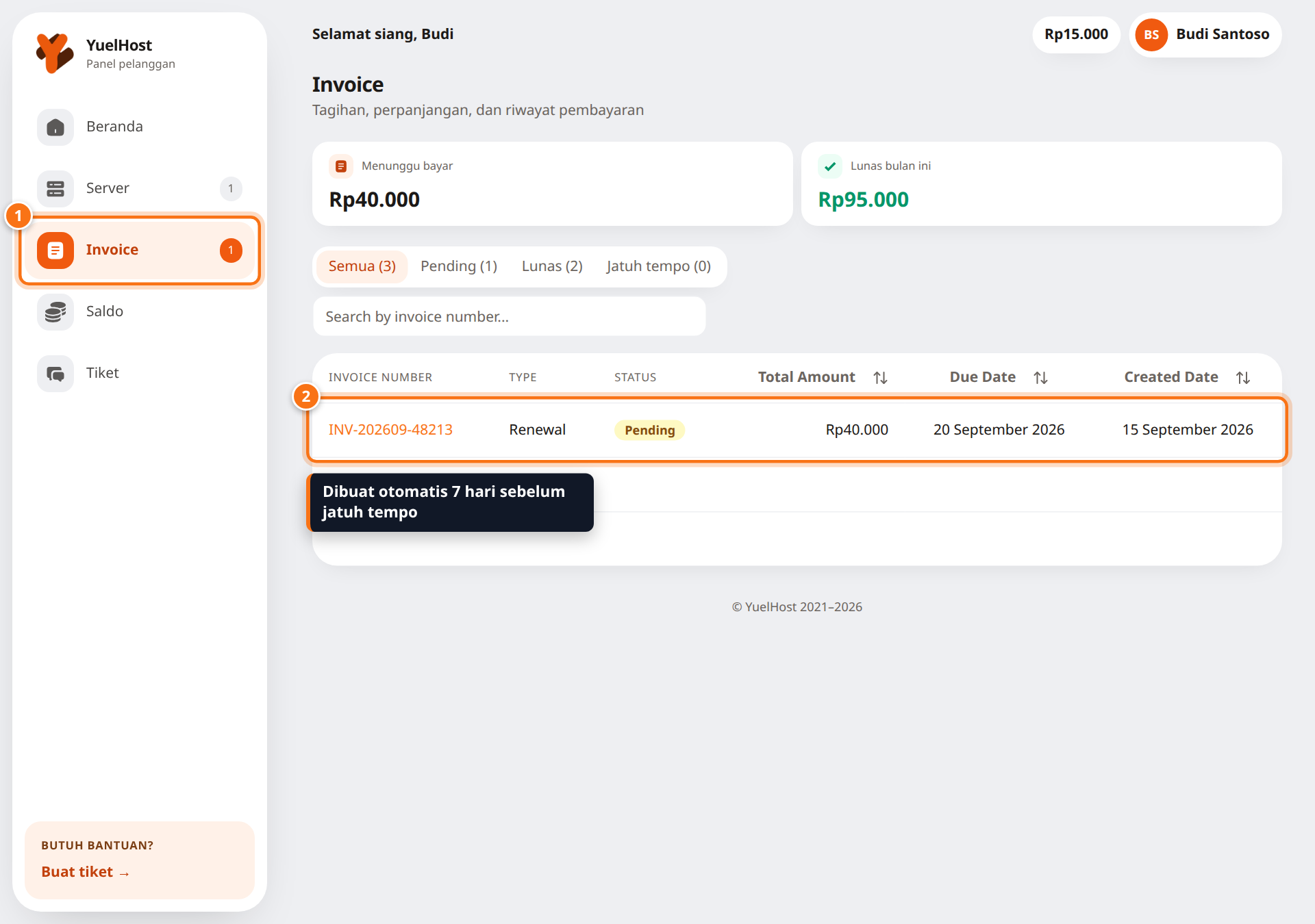 Halaman Invoice dengan menu Invoice dan satu invoice Renewal berstatus Pending disorot