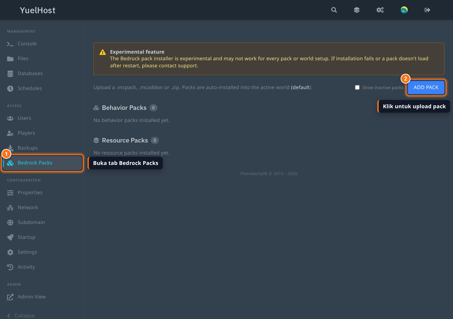 Tab Bedrock Packs di panel YuelHost dengan tombol Add Pack disorot