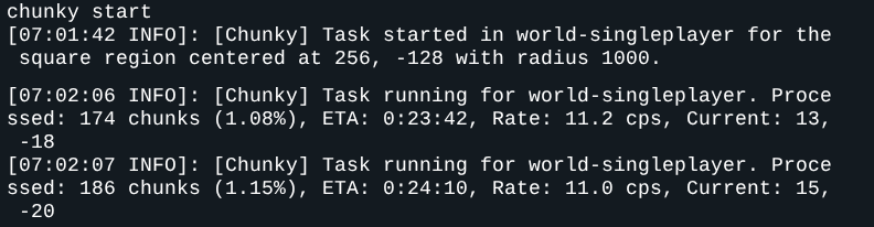 Console menampilkan chunky start, pesan Task started dengan radius 1000, dan baris progres berisi Processed, ETA, dan Rate