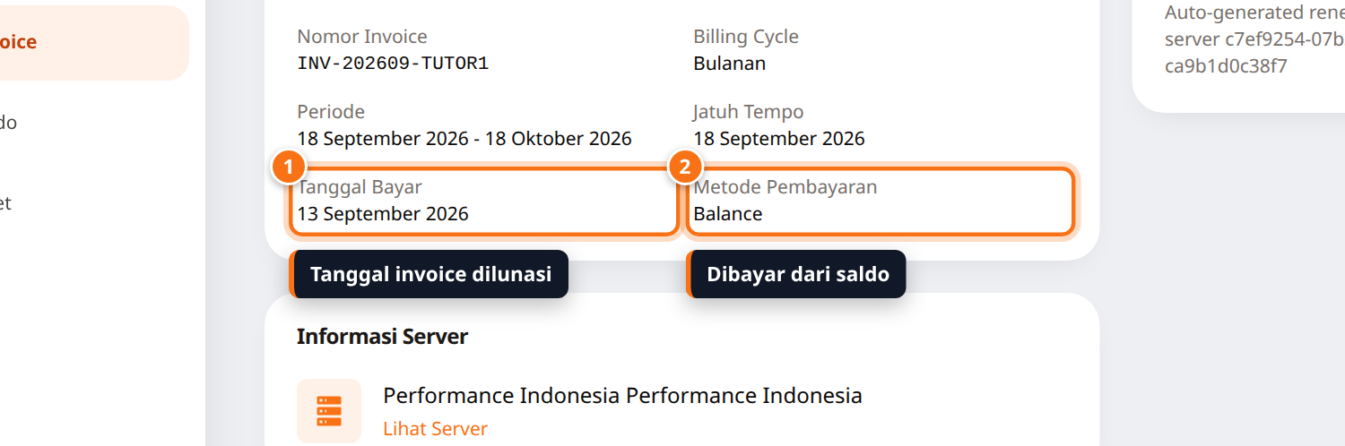 Detail Invoice yang sudah lunas menampilkan Tanggal Bayar dan Metode Pembayaran Balance