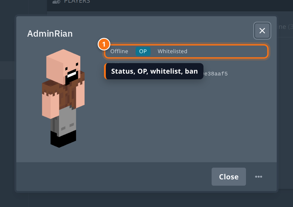 Dialog detail pemain menampilkan skin, badge OP dan Whitelisted, serta UUID