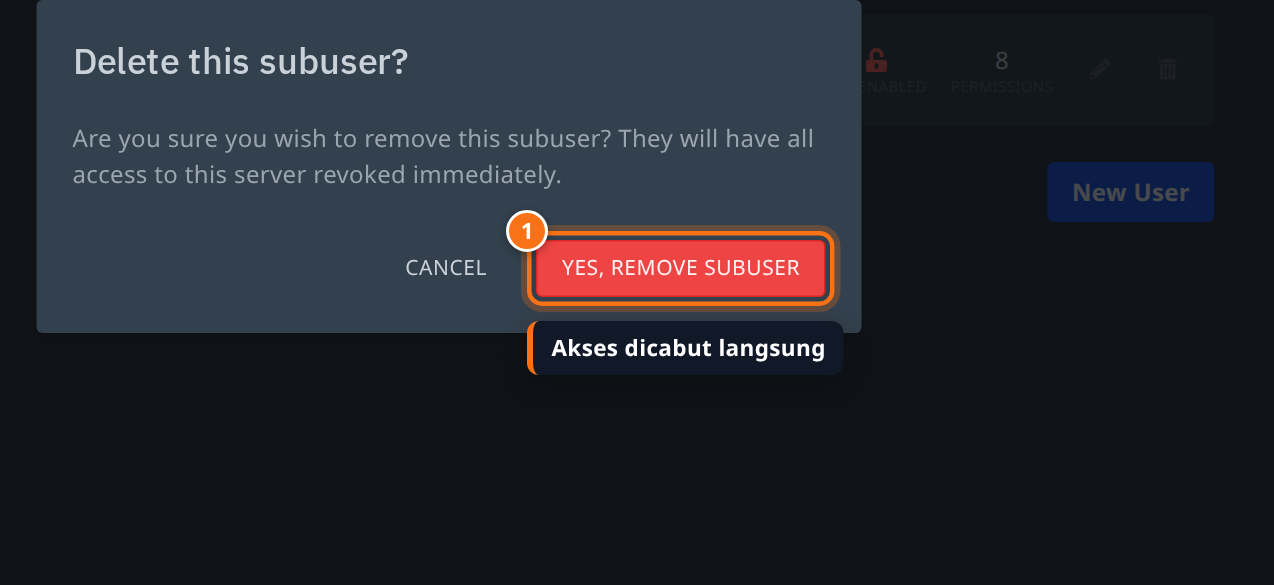 Konfirmasi Delete this subuser dengan tombol Yes, Remove Subuser