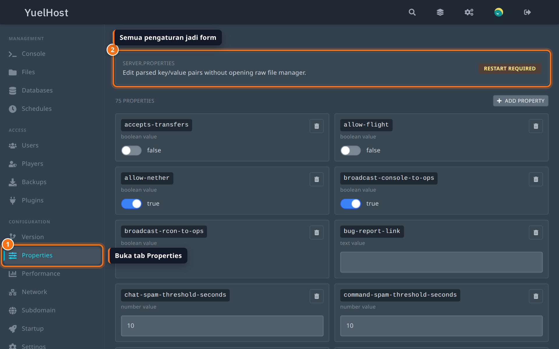 Tab Properties di panel YuelHost menampilkan daftar kartu pengaturan server.properties