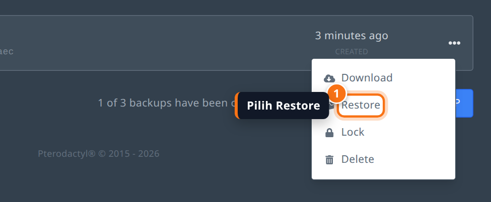 Menu Download, Restore, Lock, dan Delete pada sebuah backup