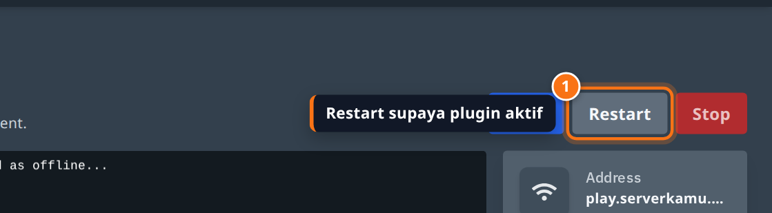 Tombol Restart di tab Console panel YuelHost