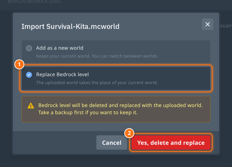 Jendela Import dengan pilihan Replace Bedrock level, peringatan world lama akan dihapus, dan tombol Yes, delete and replace