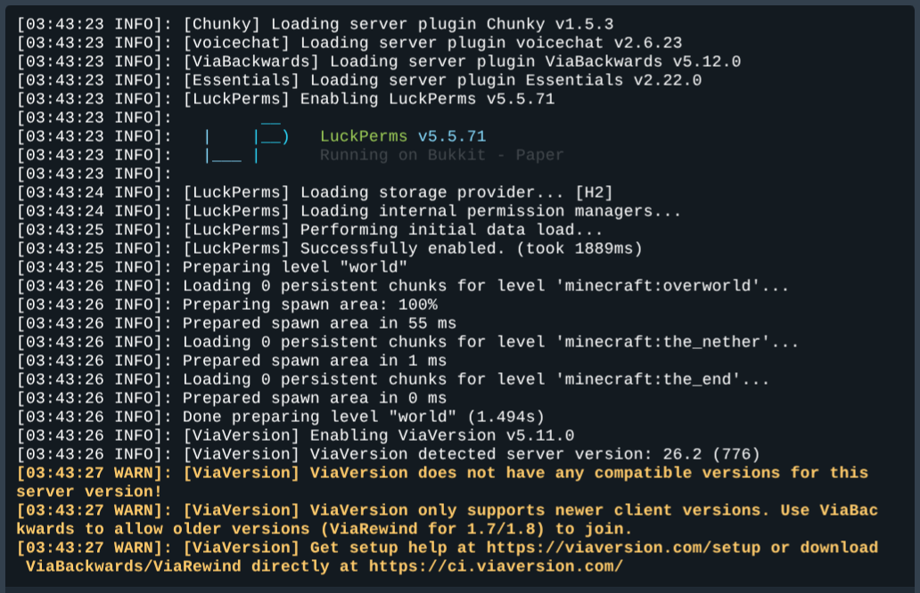 Console panel YuelHost menampilkan log Preparing level world