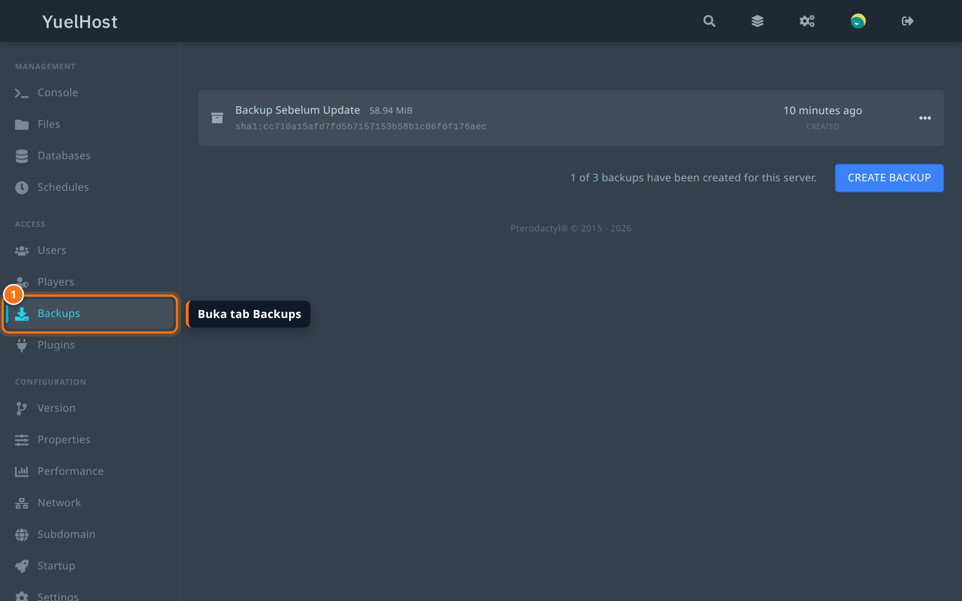Tab Backups di menu panel server YuelHost