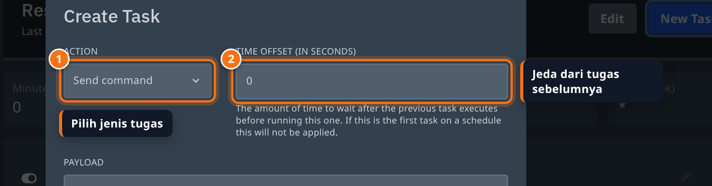 Form Create Task dengan pilihan Action dan Time offset