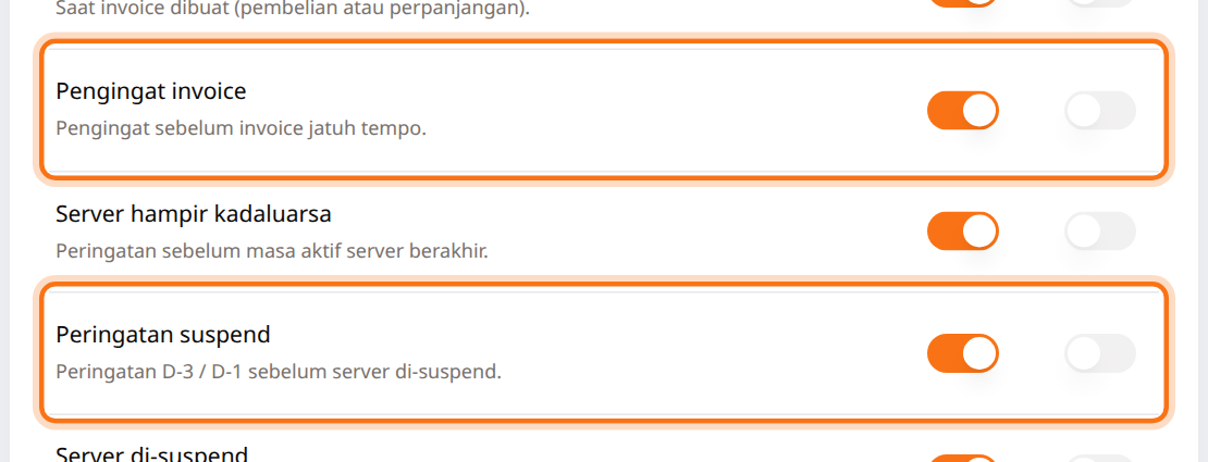 Halaman Notifikasi dengan toggle email Pengingat invoice dan Peringatan suspend menyala