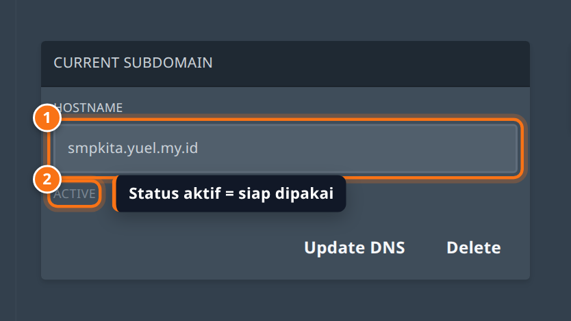 Kotak Current Subdomain menampilkan hostname smpkita.yuel.my.id dengan status active