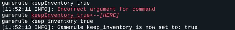 Console menolak gamerule keepInventory dengan Incorrect argument for command, lalu menerima gamerule keep_inventory true