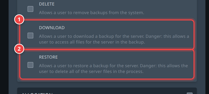 Izin backup download dan restore yang ditandai Danger di form izin