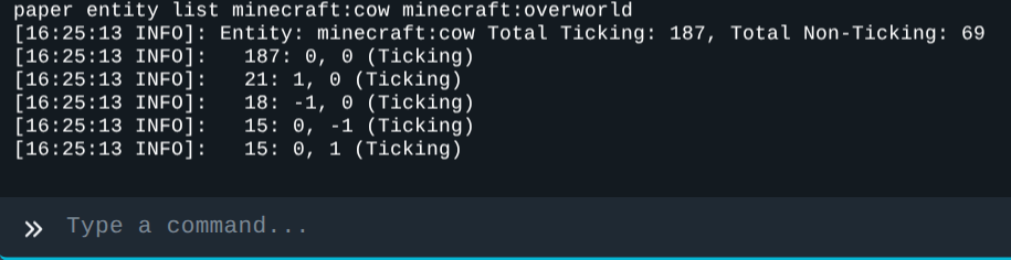 Output paper entity list minecraft:cow menampilkan 187 sapi di chunk 0, 0