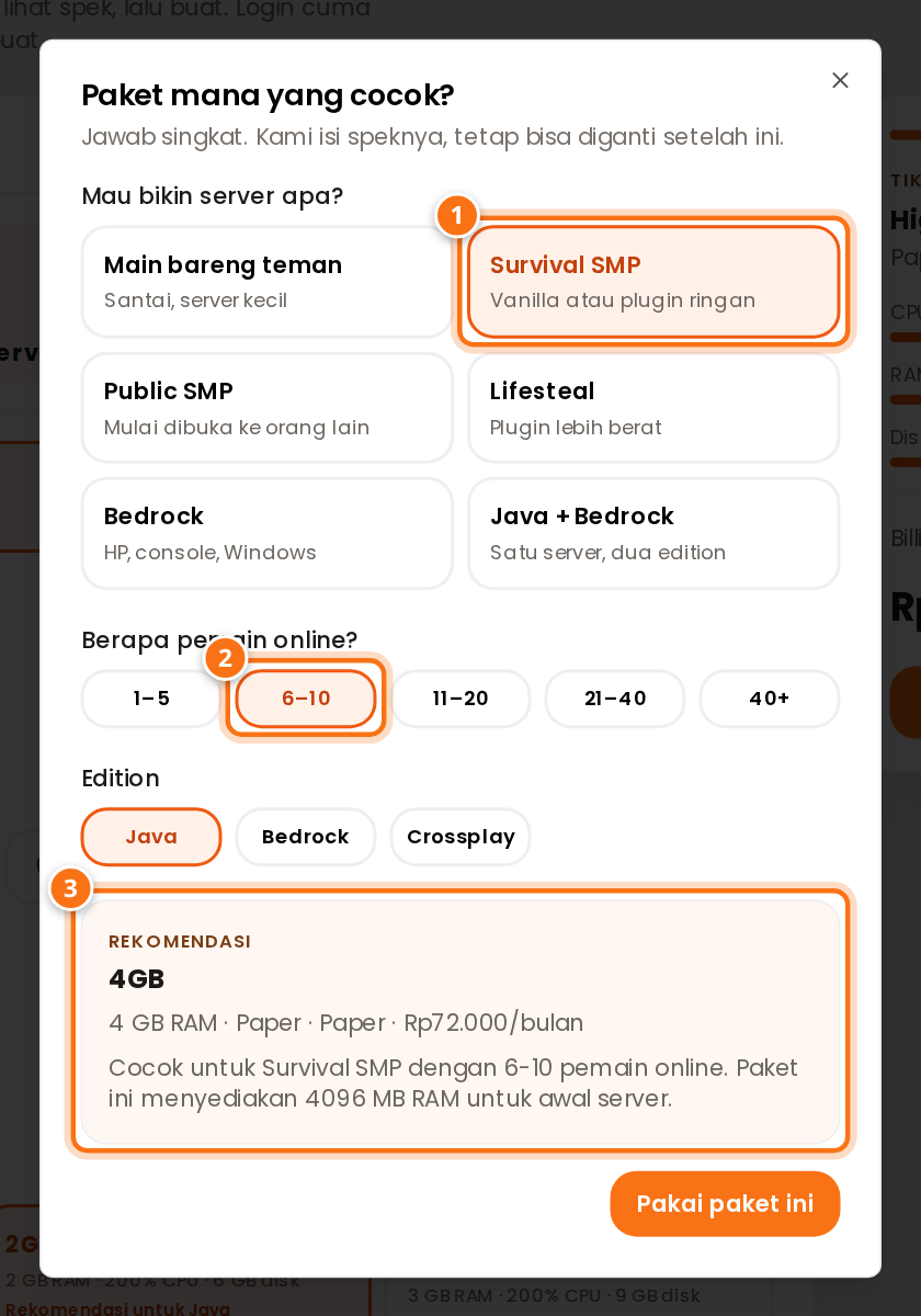 Jendela Paket mana yang cocok dengan pilihan Survival SMP dan 6-10 pemain, menampilkan rekomendasi paket 4GB Rp72.000 per bulan