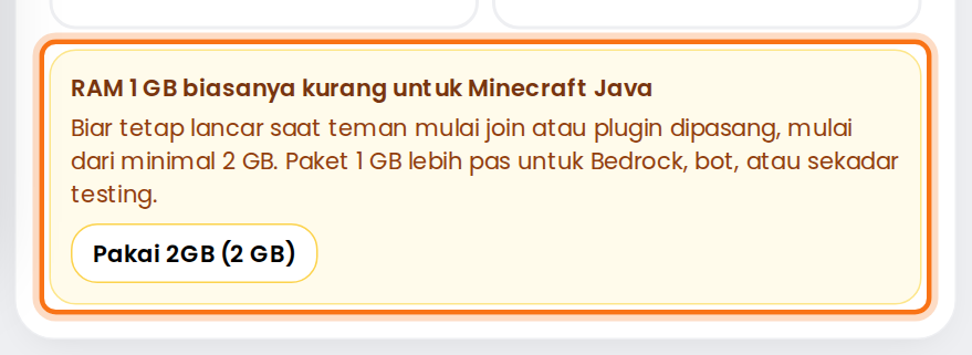 Peringatan RAM 1 GB biasanya kurang untuk Minecraft Java dengan tombol Pakai 2GB