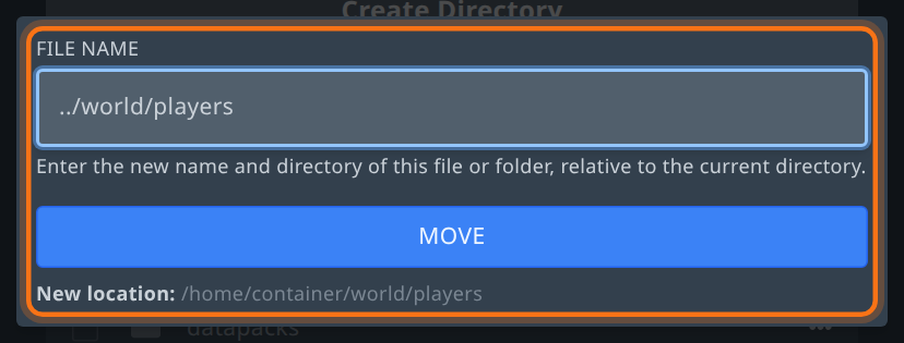 Jendela Move berisi ../world/players dengan New location /home/container/world/players