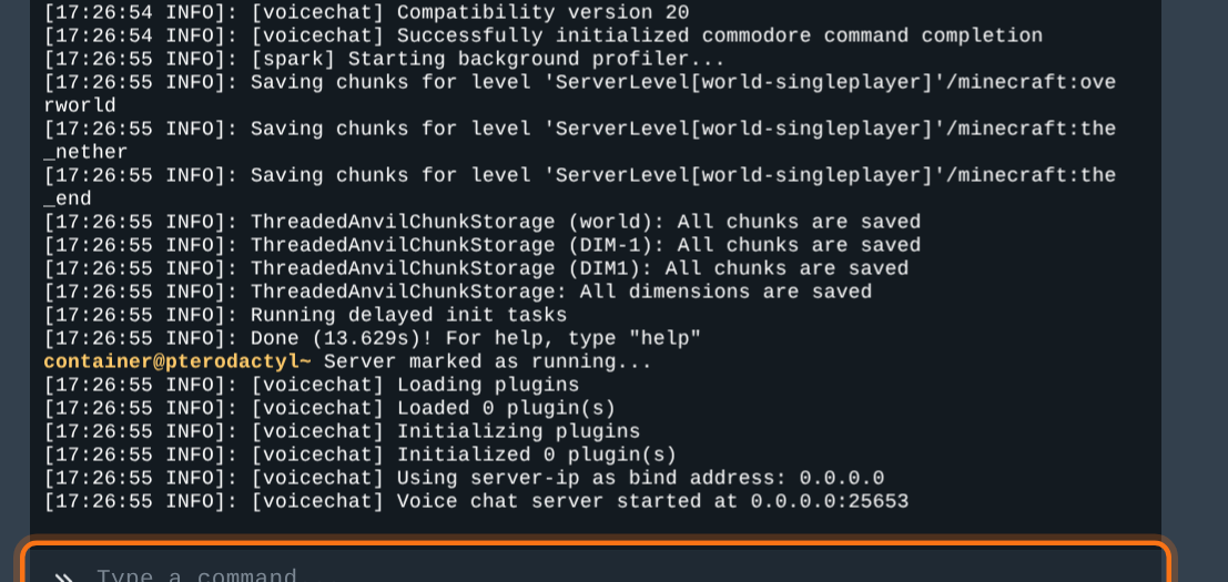 Console panel YuelHost menampilkan log server memuat world-singleplayer