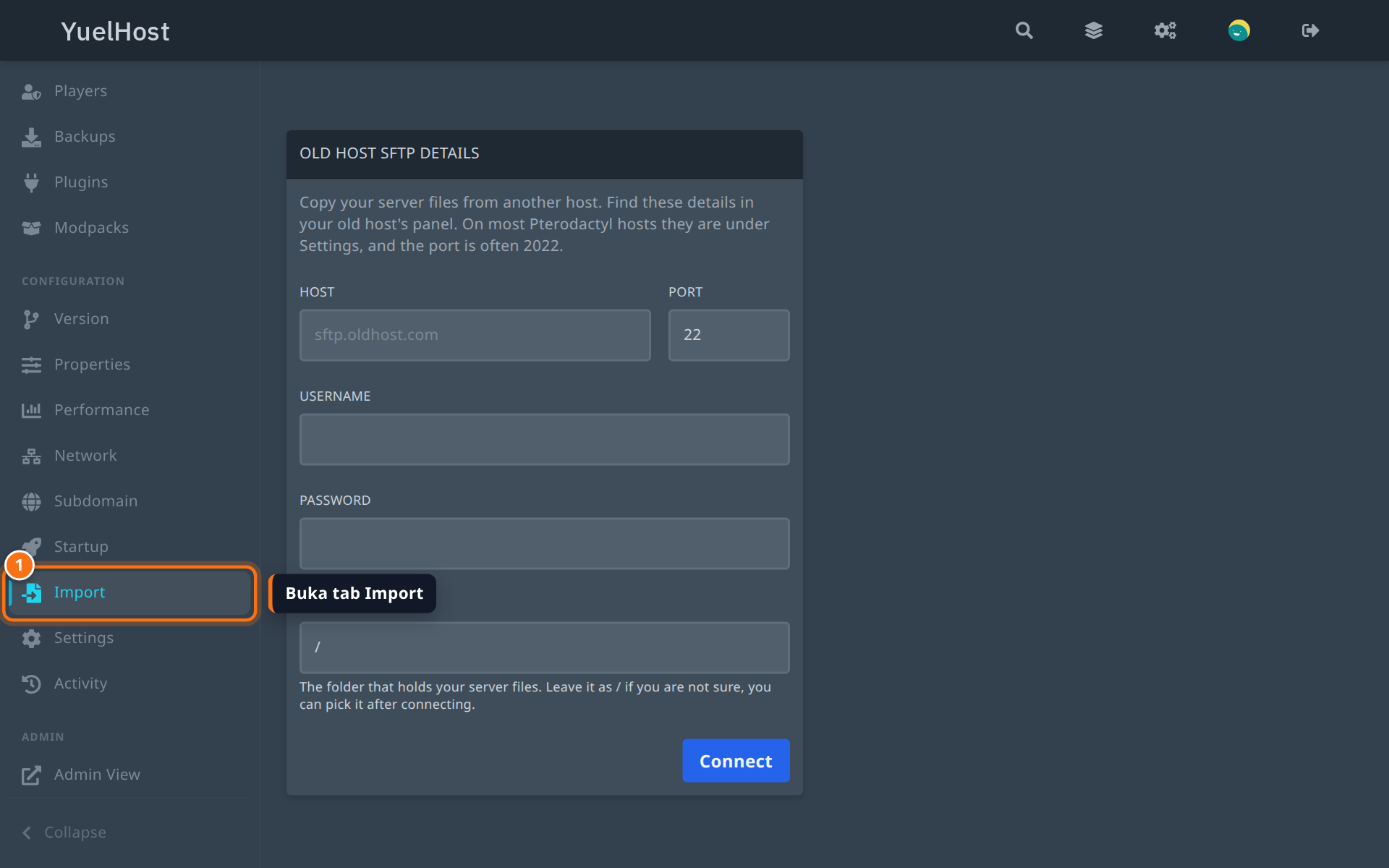 Tab Import di panel YuelHost dengan kotak Old host SFTP details