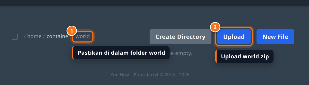 Folder world yang masih kosong dengan tombol Upload disorot