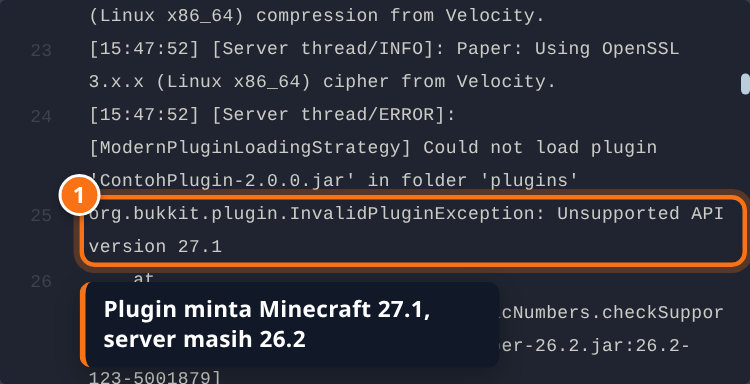 File latest.log berisi error Could not load plugin ContohPlugin-2.0.0.jar dan Unsupported API version 27.1