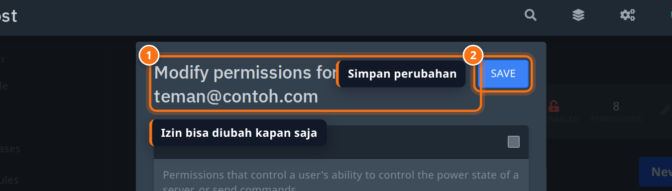 Form Modify permissions untuk sub-user dengan tombol Save