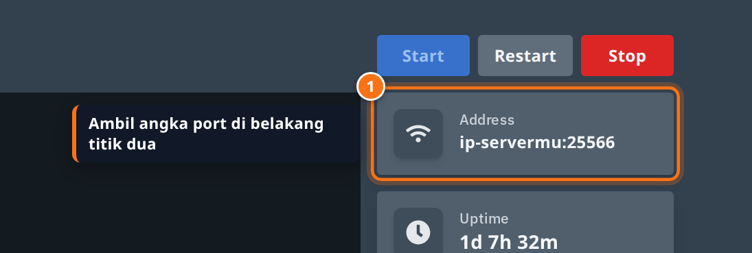 Kotak Address di tab Console dengan port 25566 di belakang titik dua