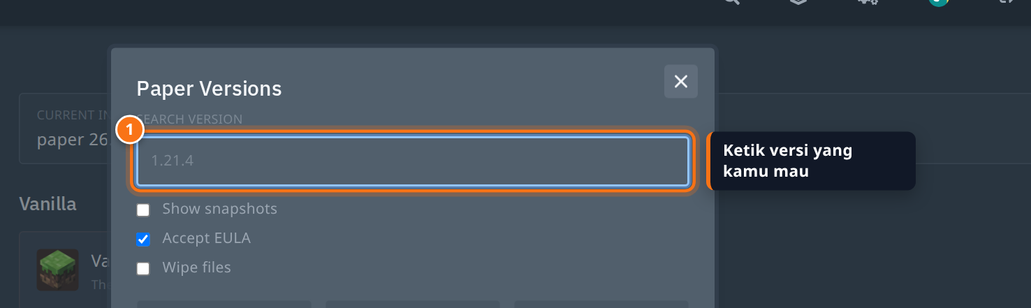 Kolom pencarian versi dan opsi Accept EULA di panel YuelHost