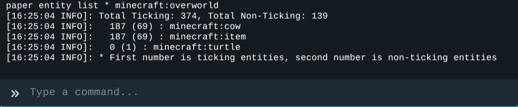 Output paper entity list di Console menampilkan 187 cow dan 187 item