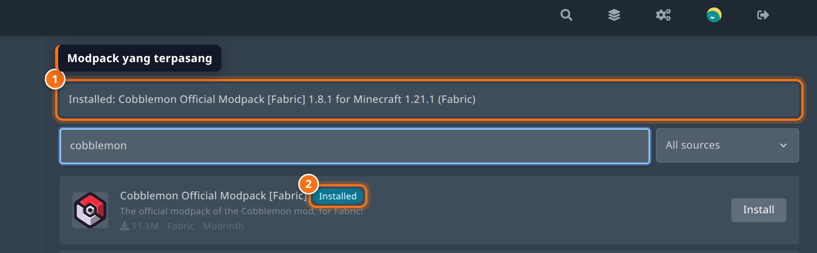 Kotak Installed berisi Cobblemon Official Modpack 1.8.1 for Minecraft 1.21.1 dan tanda Installed di daftar