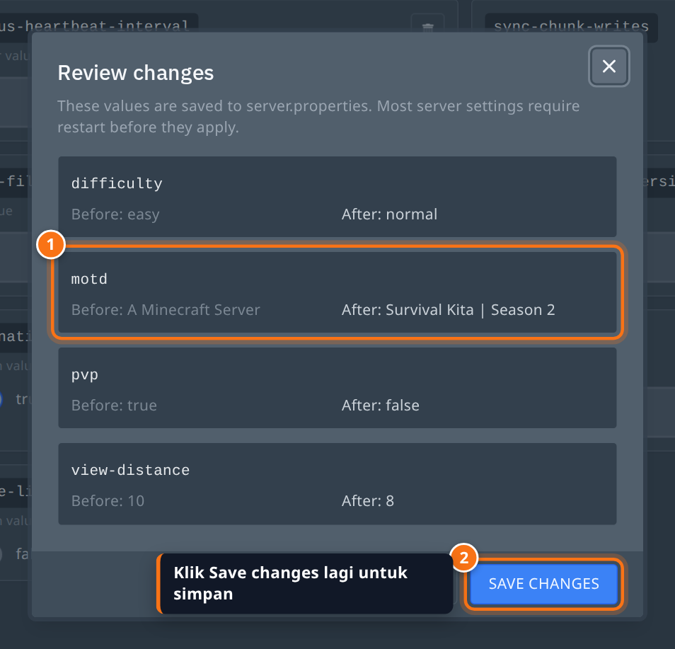 Jendela Review changes menampilkan perbandingan nilai lama dan baru untuk difficulty, motd, pvp, dan view-distance