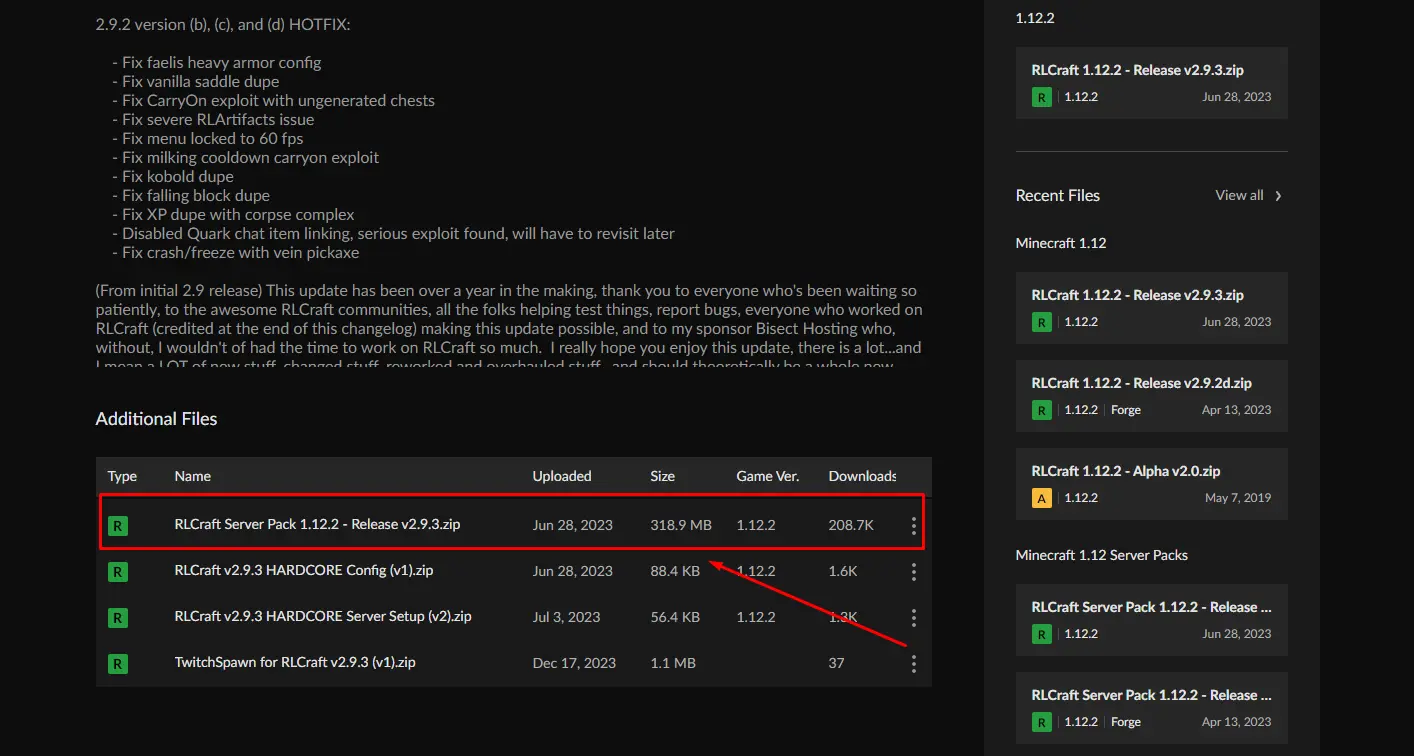 File RLCraft Server Pack di bagian Additional Files CurseForge