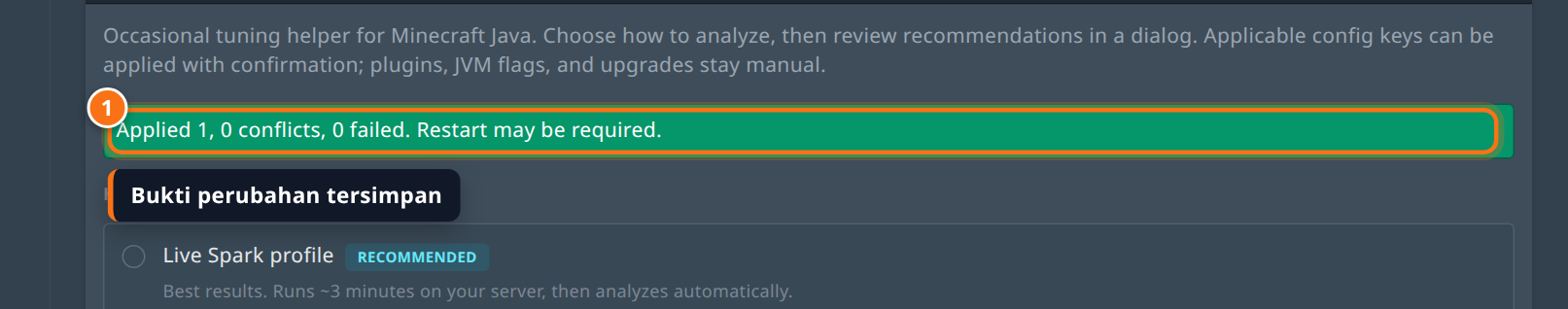 Pesan Applied 1, 0 conflicts, 0 failed di tab Performance