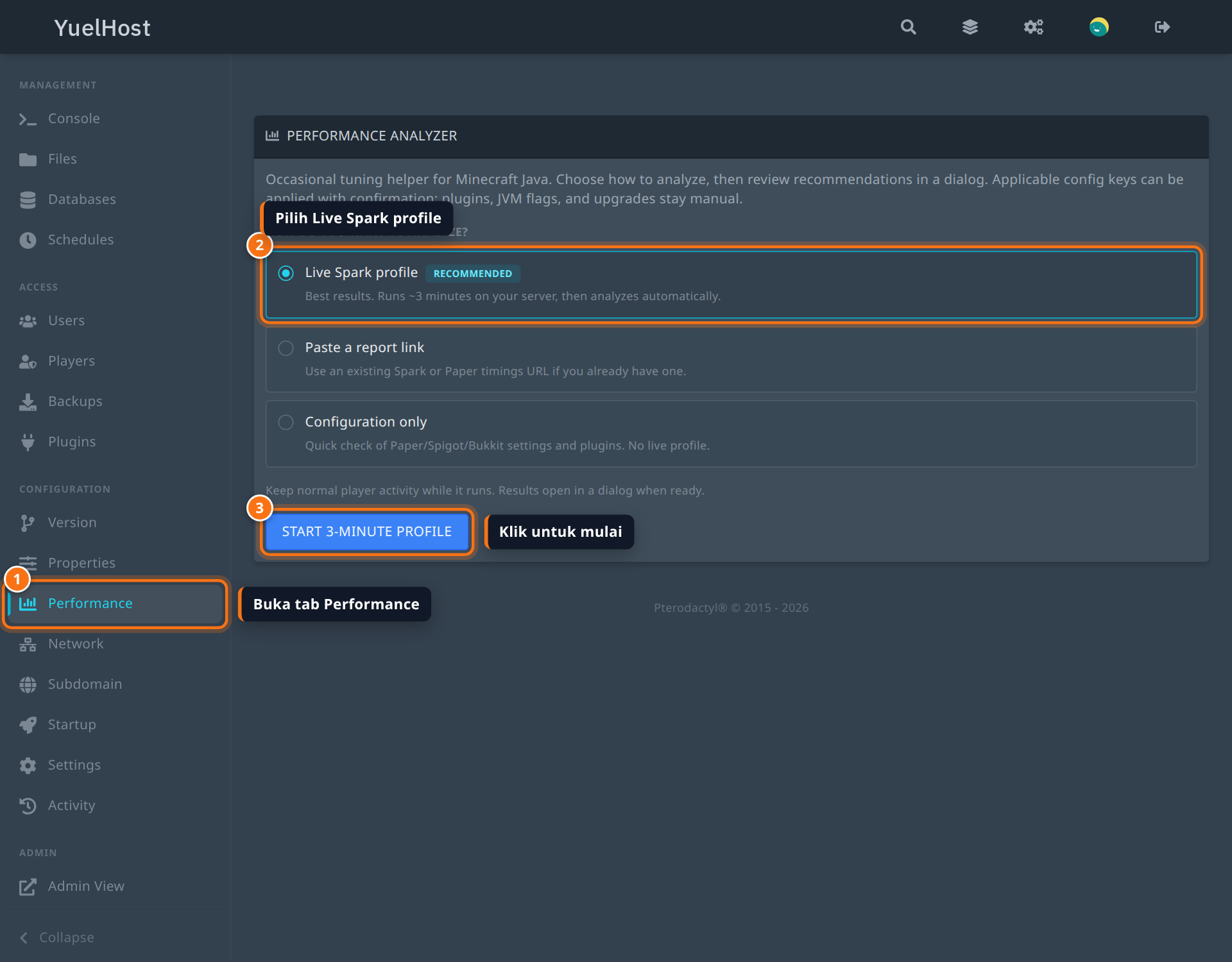 Tab Performance dengan tiga pilihan metode analisa di panel YuelHost