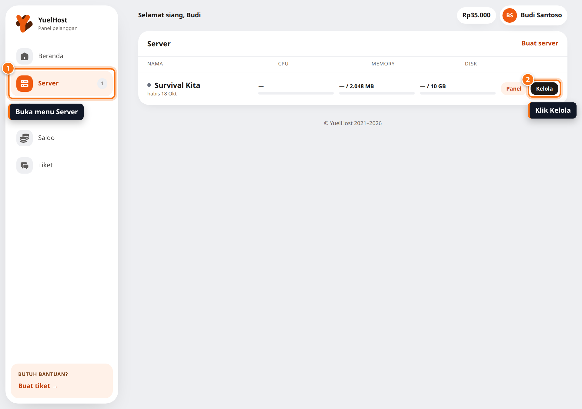 Daftar Server di dashboard YuelHost dengan tombol Kelola disorot