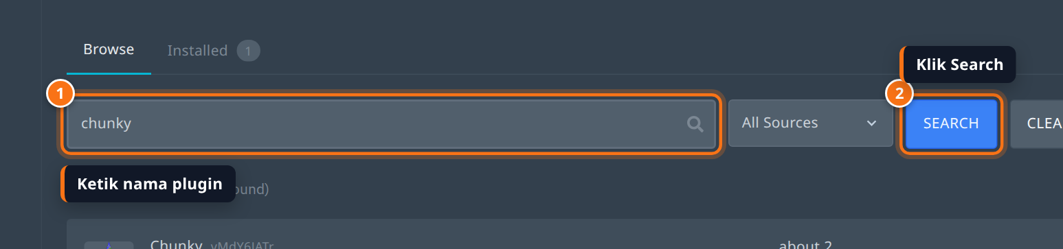 Kolom pencarian plugin dan tombol Search di tab Plugins