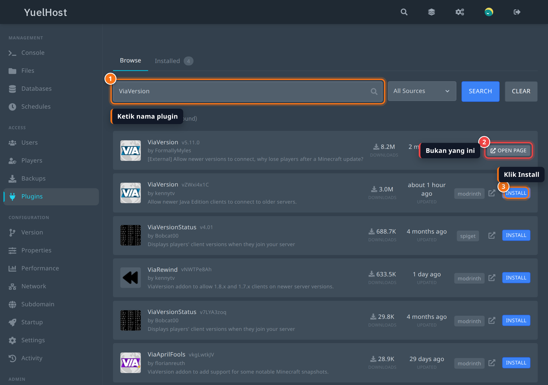 Hasil pencarian ViaVersion di tab Plugins, tombol Install pada hasil dari modrinth